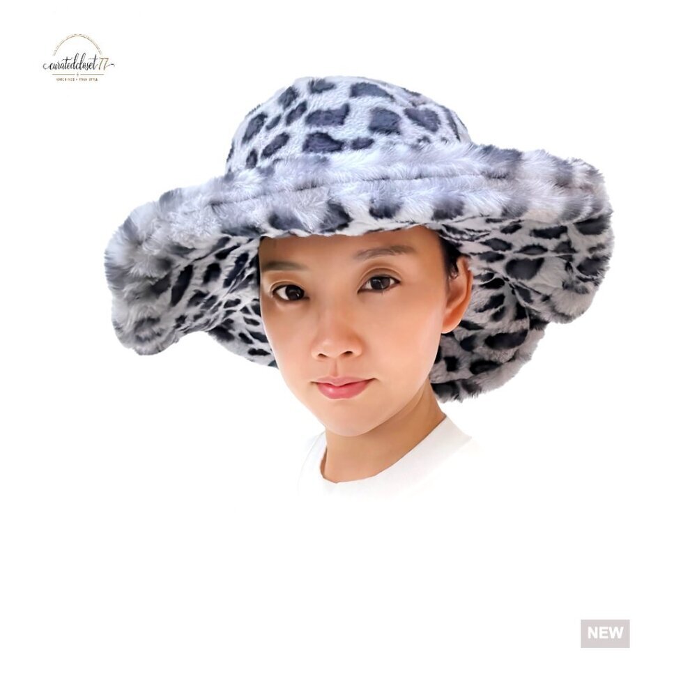 Oversized Winter Bucket Hat Faux Fur Floppy Brim Adjustable Foldable